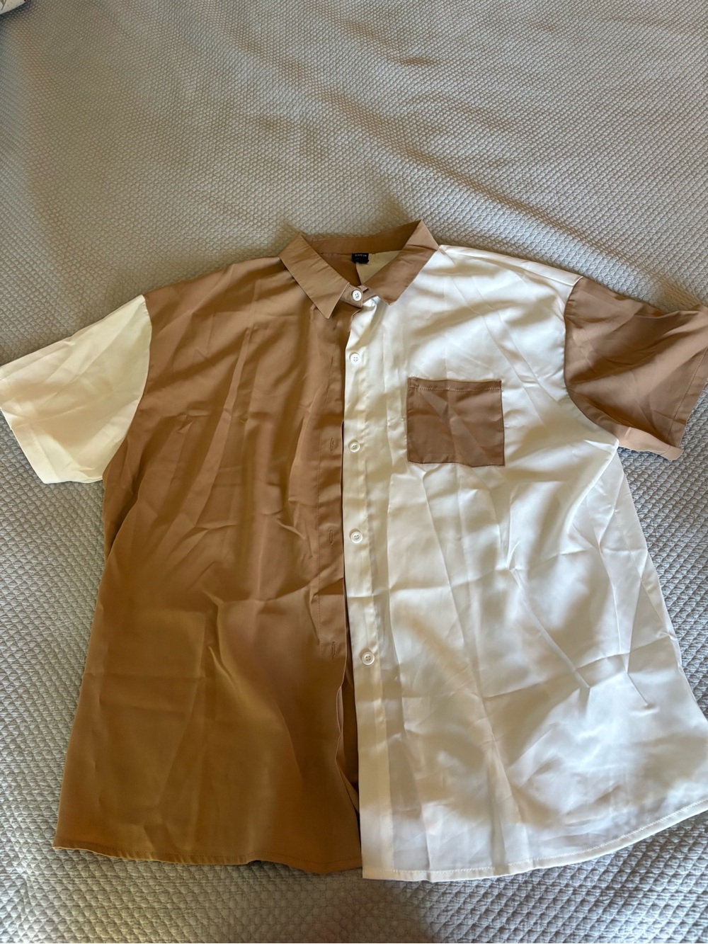 SHEIN Two-Tone Short Sleeve Button-Up Shirt - Brown & White